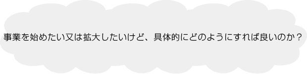 事業を始めたいまたは拡大したいけど、何をすればいいのかわからない。